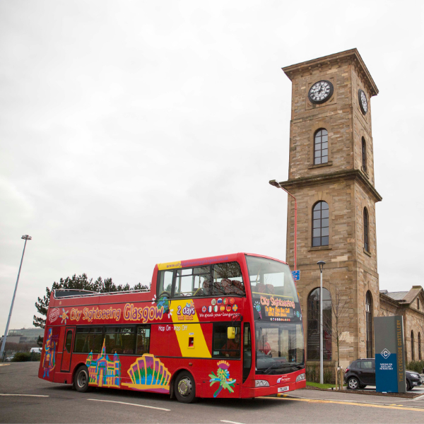 Clydeside Distillery with Citysightseeing Glasgow bus in front of it